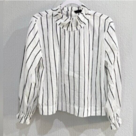 Zara Chic Contemporary Mock Neck Feminine Striped Office Long Sleeve Top - Picture 1 of 6